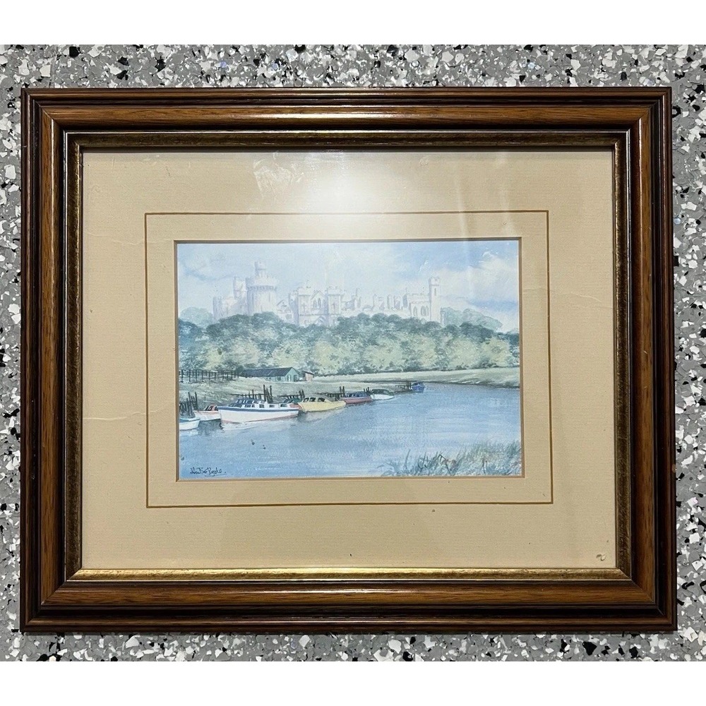 Vintage Framed English Castle River Boat Print Signed Cottage Wall Art